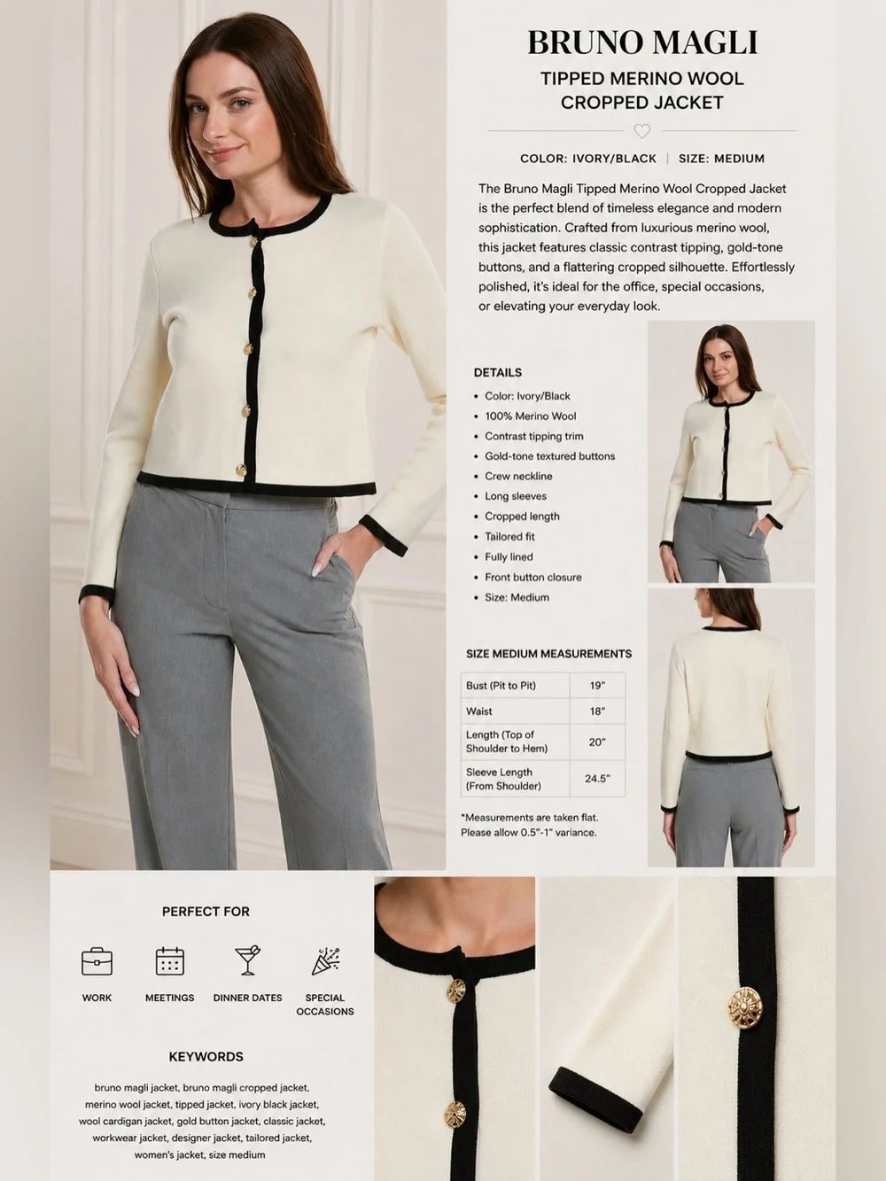 Bruno Magli Tipped Merino Wool Cropped Jacket Ivory Black Size Medium S4